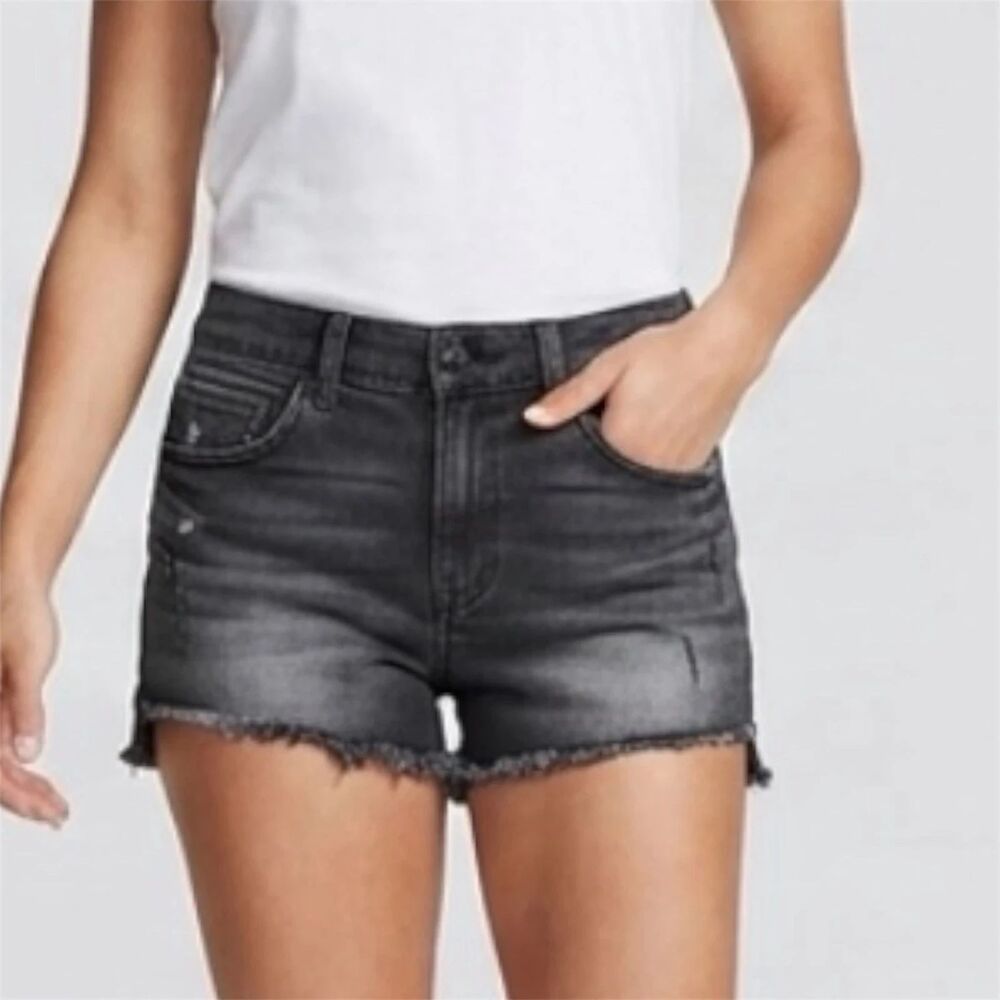 Express Jean Shorts Womens Sz 0 Mom Shortie Black High Rise distressed Raw Hem
